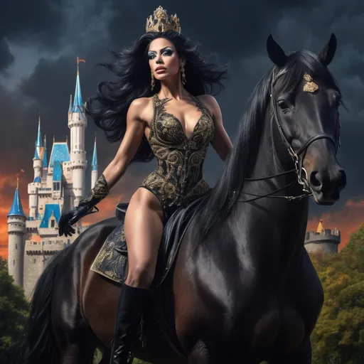 Prompt: A gorgeous muscular drag queen stands before her castle, her castle in the background, her back towards the viewer, she is mounted on her horse, long flowing black hair cascading elegantly down her back, royal attire shimmering with intricate details, high-reaching towers, under a dramatic dark sky, rich colors, ultra-detailed, high definition, emphasizing royal elegance and strength.