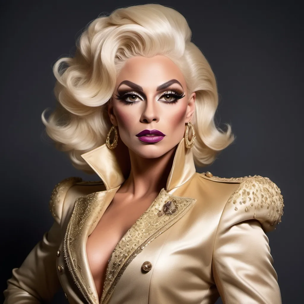 Prompt: "A gorgeous muscular British drag queen in her late twenties with striking platinum blonde hair and light brown eyes that shimmer with a golden hue. She has a sharp, regal face and an air of authority. Known as the 'Golden Dutchess,' she is tall and muscular, exuding confidence and refinement. Dressed in a tailored noble coat with intricate detailing, she stands in a grand hall, her demeanor poised yet guarded, hinting at a troubled past beneath her polished exterior."