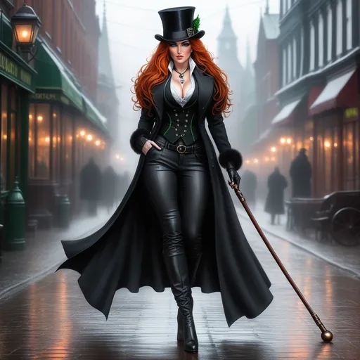 Prompt: A gorgeous ultra-muscular 25-year-old Finnish goddess bodybuilder with huge busom wearing a long black coat, with a black waistcoat and a white shirt, unbuttoned at the top . She's wearing a slightly crumpled top hat and has ridiculously long dark orange hair. She carries a walking cane with a red crystal, round handle. She has green eyes. In the style of gothic & steam punk. She is about 25 years old. wearing a heavy, black coat, black pants, and 8 inch high heel shoes. Composition focus on legs and full-body. 