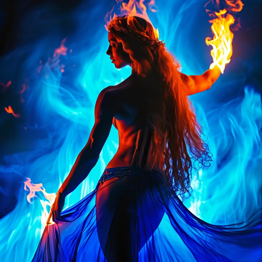 Prompt: Gorgeous ultra-muscular 25-year-old Swedish bodybuilder dancing on blue flame, silhouette, lava, long flowing blue flame gown, huge busom, long wavy fiery hair, long muscular legs, very muscular dancing female, mystical background, 