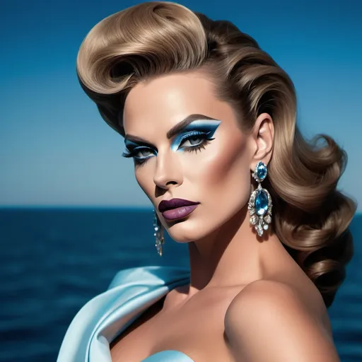 Prompt: A mesmerizing portrait graces the cover of an elite fashion magazine, capturing the essence of high-end sophistication. Set against a ocean-blue backdrop, the gorgeous, muscular, Hungarian drag queen (slight masculine jawline and brow features), model exudes confidence and allure, Large busom, adorned in exquisite fashion garments that epitomize elegance and class. This breathtaking image transcends traditional notions of style, embodying an innovative vision of haute couture that pushes the boundaries of modern aesthetics.