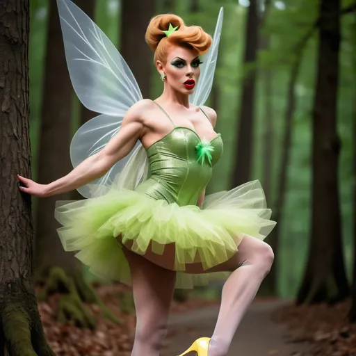 Prompt: Gorgeous 25-year-old (caucasian) muscular French drag queen ((strong masculine jawline and brow)) with fit figure, and long strawberry-blonde updo hair (((blowing in the wind))), dressed as Tinkerbell, sheer nylon stockings, and 8 inch stiletto high heel shoes, posing in the forest, pixie dust in the air..