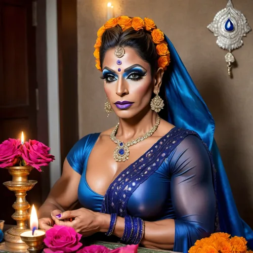 Prompt: A gorgeous muscular 35-year-old Pakistani drag queen bodybuilder with huge busom, performing puja at a home shrine, placing flowers on shrine, diya is lit. She has Kumkum on her forehead. she is wearing a blue colored silk saree with sapphire jewellery, flowers in her braid
