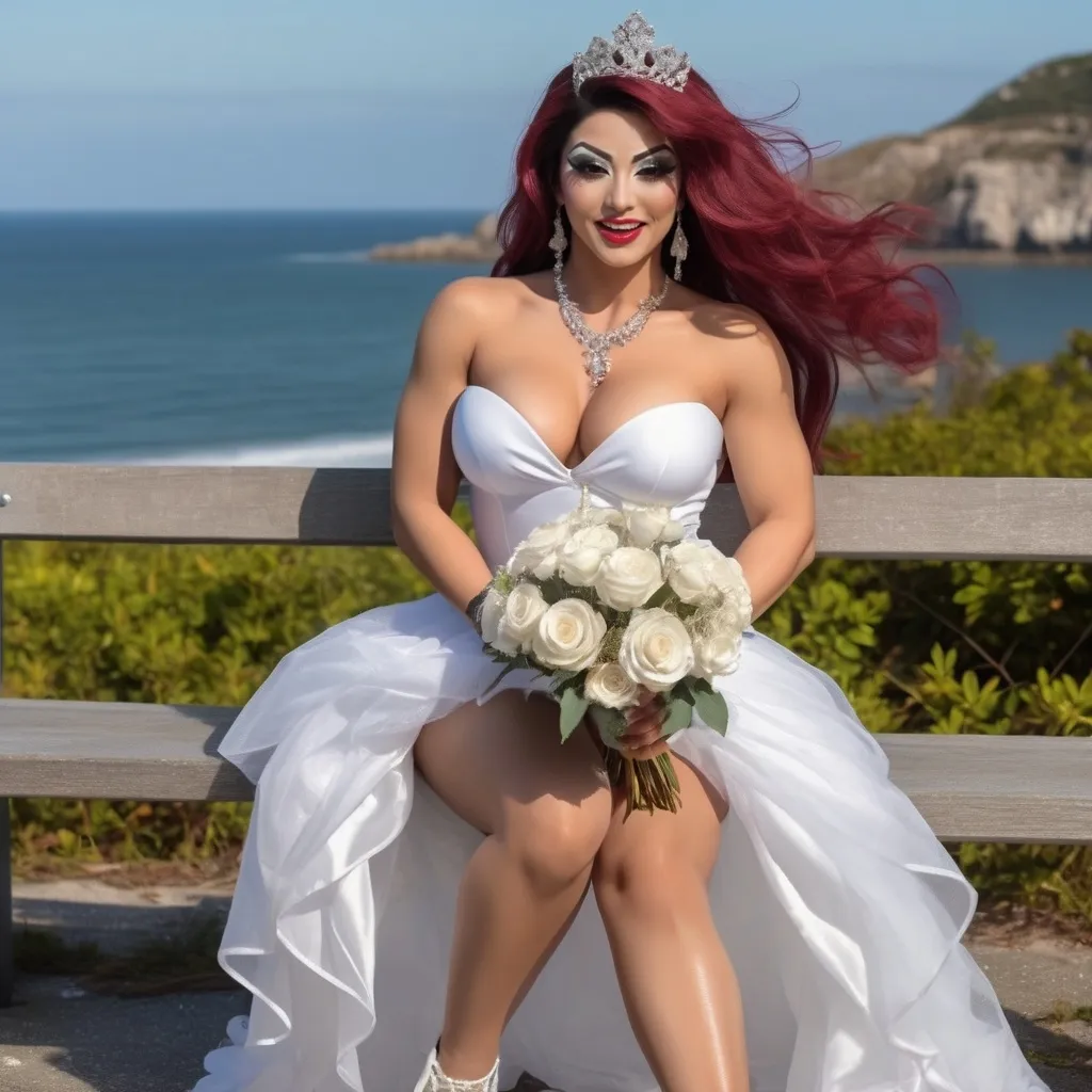 Prompt: Cute and glamorous 25-year-old Portuguese drag queen bodybuilder, very beautiful,
Photoshoot wearing mini wedding dress, garter belt, and stiletto high heels
Smiling expression
Outfit that emphasizes glamorous body
Big busom
Holding a small bouquet in one hand.
Photoshoot on a windy seaside hill.
Skirt and veil blowing in the wind
Sitting on a bench
Thighs visible
Wearing a garter belt
splash art, hyper detailed, ultra realistic, highly detailed, surreal heavy mist, AI defined exquisitely beautiful, totally ultra realistic young adult Korean, gorgeously detailed facial features, sumptuous cleavage, perfect body proportions, ultra pale, ultra glamorous, perfect shading, impeccable contrast, HDR, UHD, high res, 64k