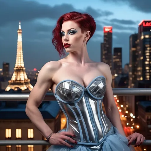 Prompt: Delicate gorgeous ultra-muscular 25-year-old French drag queen bodybuilder overlooking city from balcony, short stylish dark red hair, photorealism, silver corset and skirt, ice blue eyes, pale skin, heart-shaped face, metropolitan nightscape, skyscrapers, highly detailed, 8k photo, photorealistic, delicate beauty, intricate details, city lights, atmospheric lighting