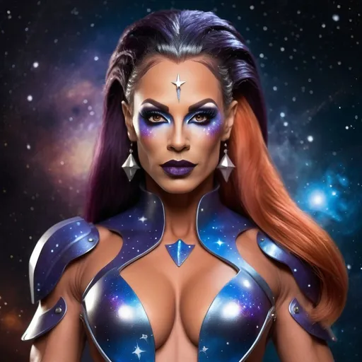 Prompt: Gorgeous muscular 35-year-old French drag queen bodybuilder (with drag queen facial features, dark lipstick, large busom, dark orange hair) with glowing eyes wearing an elegant blue and silver costume, fantasy art style, galaxy background, her hair is in two braids down the middle of each side of face, hyper realistic, long hair in space background with stars and galaxies, photo realistic, wearing blue and purple galaxy inspired armor 