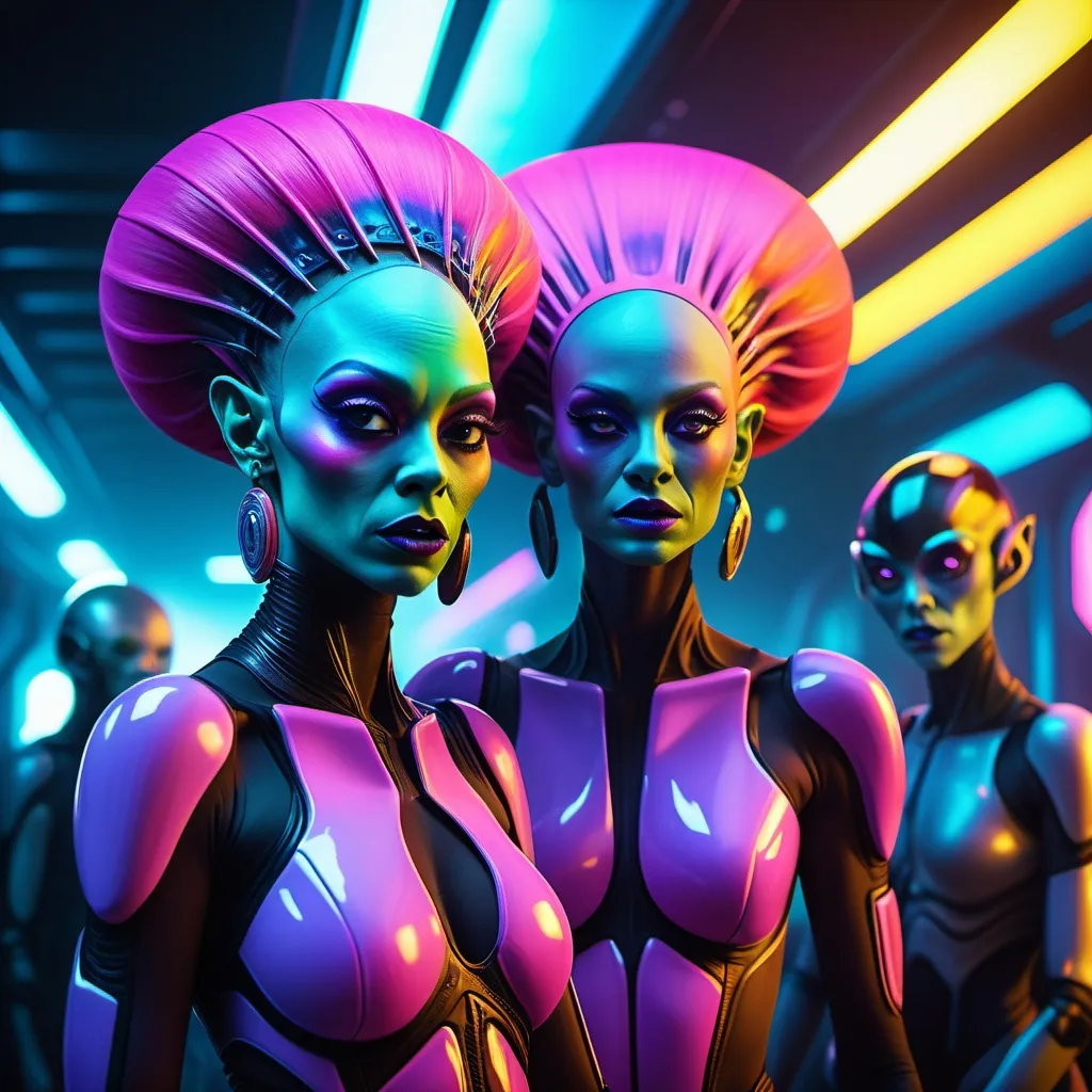 Prompt: Gorgeous 25-year-old Aliens from drag queen planet in a civil war.