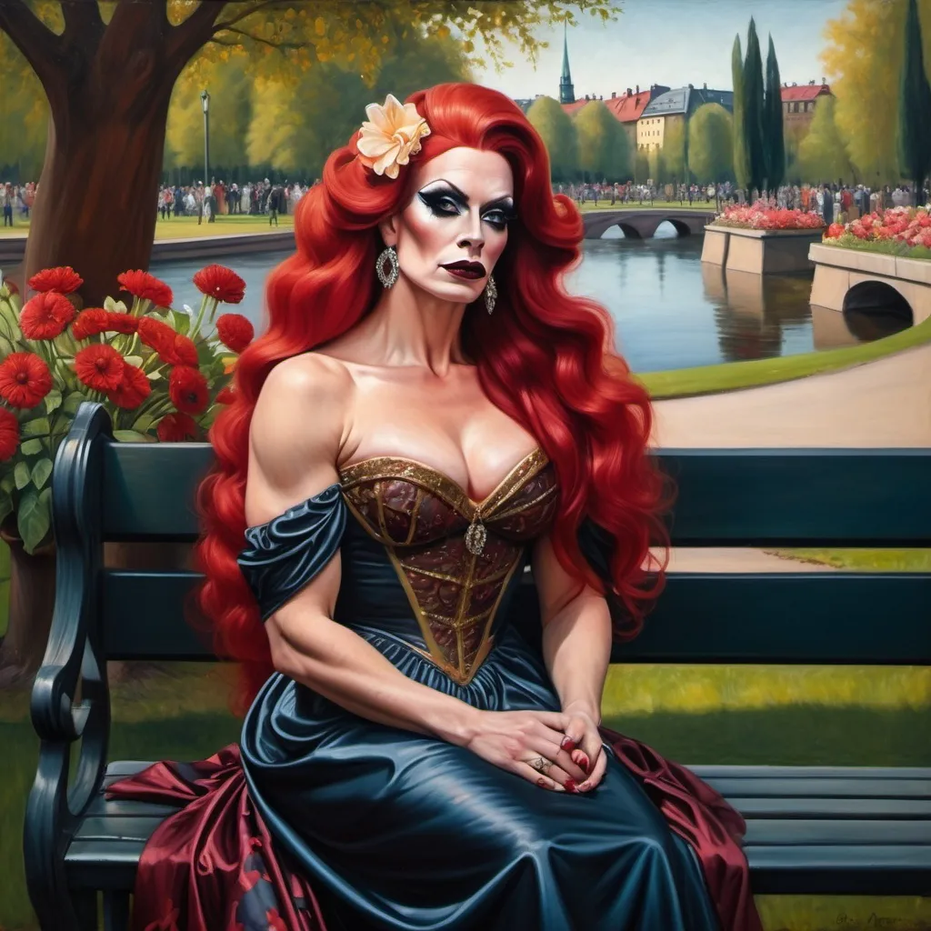 Prompt: Painting of a gorgeous muscular 35-year-old Swedish drag queen with dark eyeshadow,  dark red lipstick, and long red hair, sitting on a bench in a park wearing a dress with flowers, renaissance oil painting, a painting