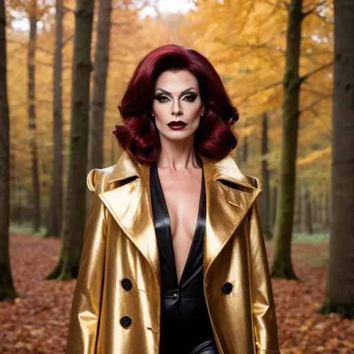 Prompt: Beautiful French drag queen, 35-year-old, dark red hair, in autumn forest in gold long fashion coat, dark eyeshadow and dark lipstick,  very strong masculine jawline and brow,.