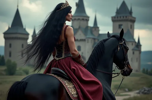 Prompt: A gorgeous muscular drag queen stands before her castle, her castle in the background, her back towards the viewer, she is mounted on her horse, long flowing black hair cascading elegantly down her back, royal attire shimmering with intricate details, high-reaching towers, under a dramatic dark sky, rich colors, ultra-detailed, high definition, emphasizing royal elegance and strength.