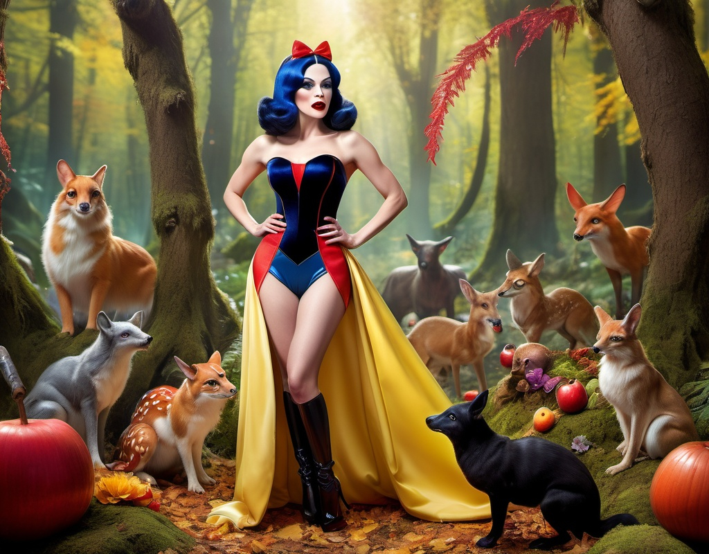 Prompt: If Snow White was a gorgeous hyper-muscular 25-year-old drag queen bodybuilder with Dark eye makeup and dark lipstick. Wearing 8 inch stiletto high heel shoes. Walking through the forest with animals of the forest.