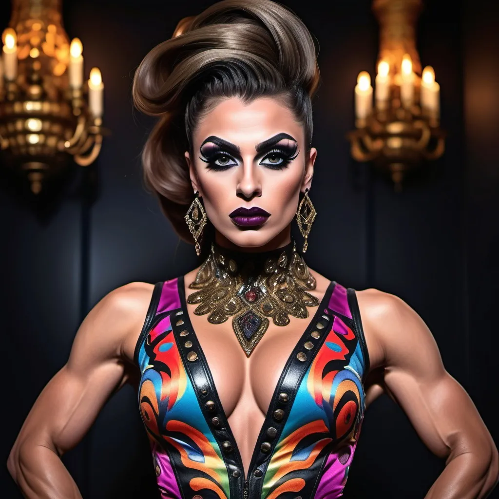 Prompt: Gorgeous ultra-muscular 25-year-old Turkish drag queen bodybuilder wearing (Cavalli outfit), high fashion, (luxurious fabric), intricate detailing, dramatic silhouette, bold patterns, bright colors, modern and stylish, runway-ready, beautifully styled, dark eye makeup, 
Dark lipstick, expressive poses, atmospheric lighting, artistic composition, edgy accessories, urban chic background, (trendy environment), cinematic aesthetic, ultra-detailed, high quality, shoulder length dark red hair.