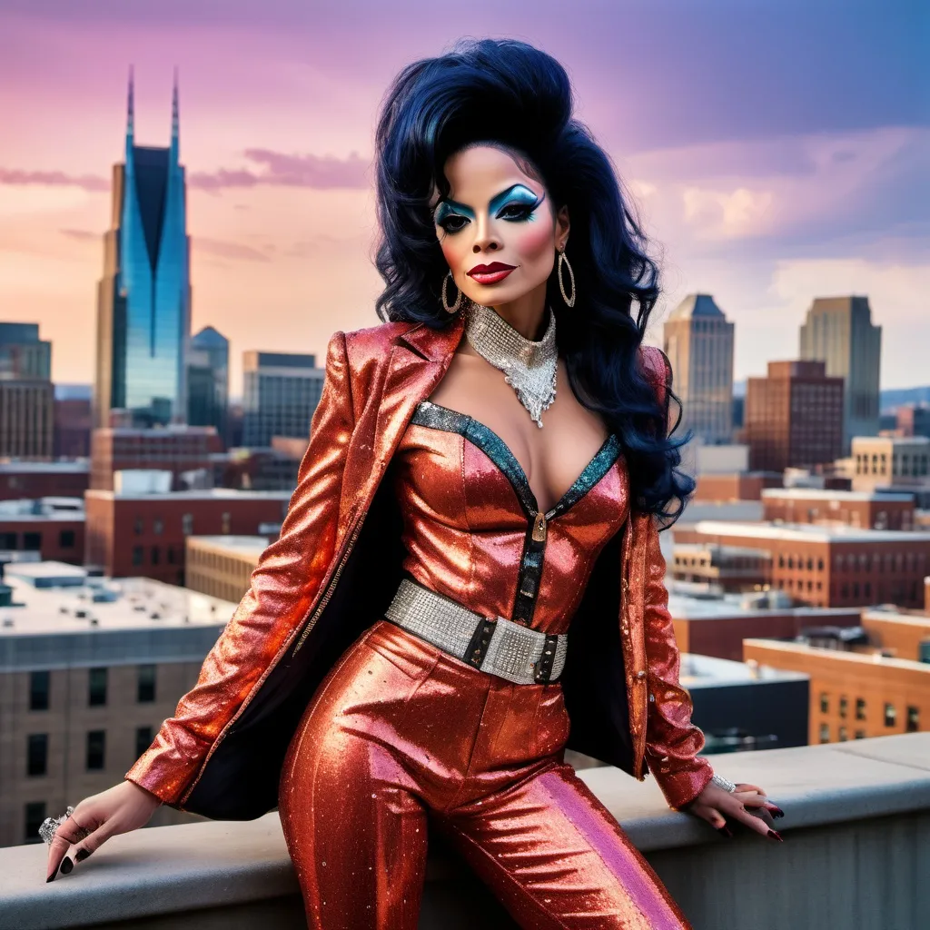 Prompt: Michael Jackson dressed as a 25-year-old gorgeous drag queen Dolly Parton posing on the ledge of a building, high above Nashville.