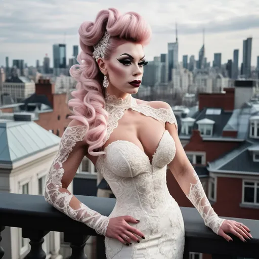 Prompt: Gorgeous ultra-muscular 25-year-old Finnish drag queen bodybuilder with ridiculously long wavy platinum pink updo hairstyle wearing an elegant white wedding dress, standing on the balcony of her luxurious mansion overlooking the city skyline. She has dark eye makeup and dark red lipstick. The gown features delicate lace detailing along its bodice and halter neckline, complemented by sheer sleeves that accentuate her figure's curves. Her pose is confident yet graceful as she gazes out at the horizon, embodying grace and elegance in timeless beauty in the style of a classic painting