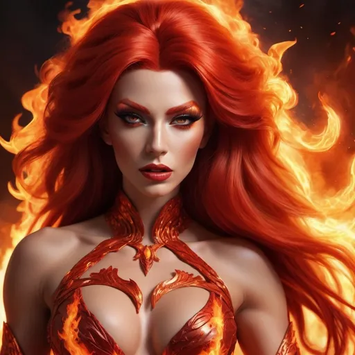 Prompt: Gorgeous ultra-muscular 25-year-old Czechian drag queen with huge busom and ridiculously long flaming fiery hair, {{ultra definition, concept art, cinematic, epic 4K masterpiece}
a goddess of fire, fiery hair, fieryb eyes, surrounded by fire, tall and evil,
{clothes] red fiery dress,
mythology, full body, 8 inch stiletto high heel shoes, highly detailed, digital photography, artstation, concept art, smooth, sharp focus, illustration, 4k,