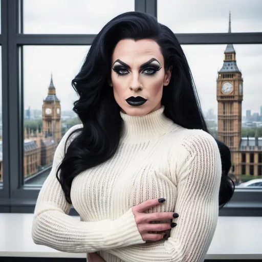 Prompt: Gorgeous muscular 35-year-old French drag queen with strong masculine jawline,  very long black hair, dark eyeshadow, and dark lipstick, in the CAD office wearing a white chenille knitted sweater, next to the window with London city and Big Ben view