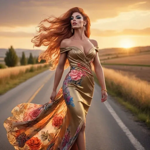 Prompt: Fashionable ultra-muscular 25-year-old 
Greek drag queen (with sharp masculine jawline and brow features) bodybuilder with big busom walking happily on a country road at sunset, warm sunlight accentuating her radiant beauty, ultra-realistic, detailed floral dress with vibrant colors, ridiculously long flowing golden hair (((blowing in the wind))) catching the golden glow, picturesque rural setting, high quality, 8k hi-res hd detailed digital photograph, warm tones, detailed floral dress, radiant beauty, picturesque, sunset lighting, professional