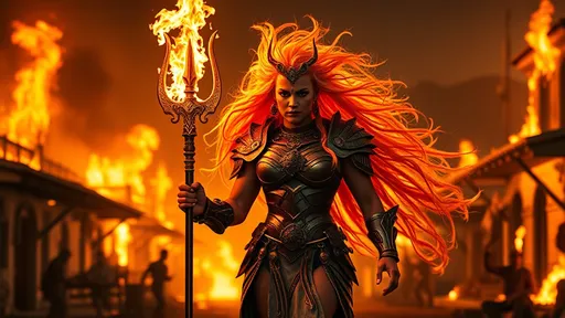 Prompt: Gorgeous muscular 25-year-old (Caucasian) drag queen goddess carrying a flaming trident, wearing armor of fire, ridiculously long flowing hair of fire, walking through a burning town.