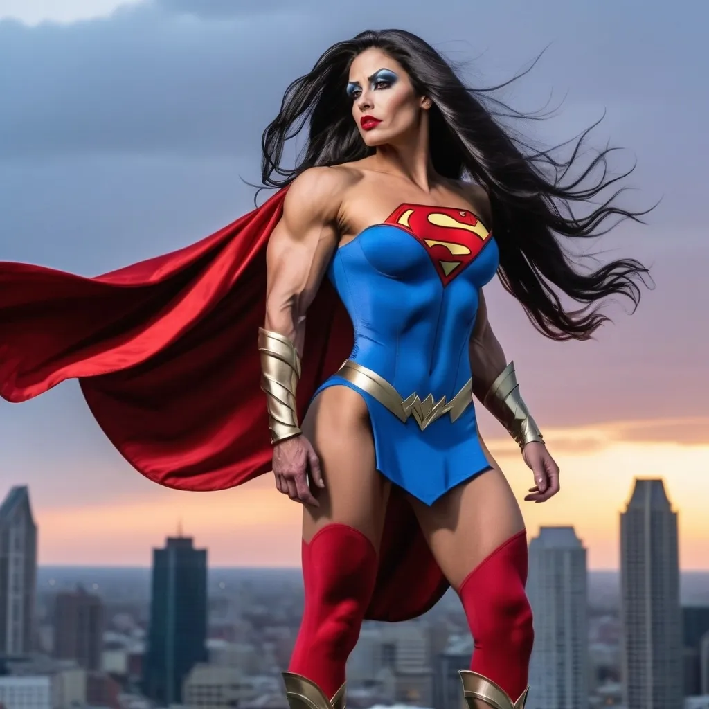 Prompt: Gorgeous muscular 35-year-old Romanian drag bodybuilder with long flowing wavy black hair (((blowing in the wind))), large busom, dressed as Supergirl (((DC Comics Character))), 8 inch stiletto high heel boots, standing on a gargoyle looking down on Metropolis at dusk. Cape blowing in the wind.