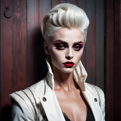 Prompt: (gothic art), imagine James Dean dressed as a gorgeous ultra-muscular 25-year-old Swedish drag queen bodybuilder with (striking dark red makeup and lipstick), wearing a (white jacket) draped over her head, (mysterious gaze) directed at the camera, (dramatic pastel colors), (moody ambiance), rich textures, (ultra-detailed wooden floor) in the background, evoking an eerie yet captivating vibe, (high quality) image, beautifully composed and expressive.