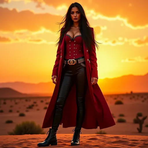 Prompt: (Gorgeous ultra-muscular 25-year-old Italian drag queen bodybuilder cowgirl with ridiculously long black hair), standing confidently in a dark red corset and elegant black pants and longcoat, full body shot, vibrant desert background at sunset, warm golden and crimson tones illuminating the scene, dramatic shadows, ultra-detailed, capturing an adventurous and daring spirit, dynamic pose, rugged leather boots, striking facial features, showcasing both strength and beauty.