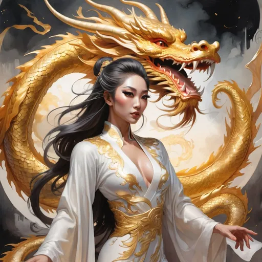 Prompt: Intricate full-length portrait of a Chinese dragon radiating power with golden, shimmering scales, arched gracefully, muscular 30-year-old Japanese drag queen bodybuiler, flowing white robes beside, wings massive and outstretched, serene, warm, tranquil ambiance, soft watercolor aesthetic, dragon and angel as focal points, harmony of contrasting yet complementary natures, art by Stanley Artgerm Lau, Charlie Bowater, Atey Ghailan, Mike Mignola