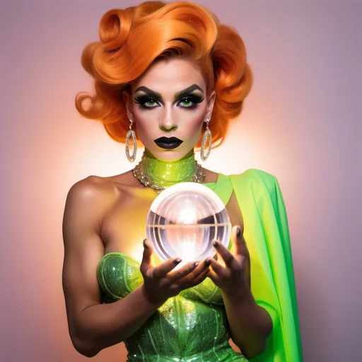 Prompt: a gorgeous muscular 25-year-old French drag queen (with masculine facial features) with dark eyeshadow,  dark lipstick, and orange updo hair, wearing a neon green Coco Chanel dress holding crystal ball filled with lightning, Ayshia Taşkın, private press, hourglass slim figure, a pastel