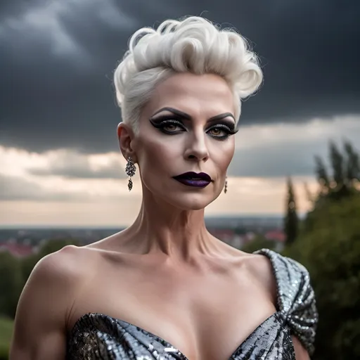 Prompt: Gorgeous muscular 45-year-old Czechian drag queen with short white tight updo hair, dark eyeshadow and dark lipstick, long flowing sequined gown, romantic outdoor setting, dramatic sky, An ultra-realistic photograph captured with a Sony α7 III camera, equipped with an 85mm lens at F 1.2 aperture setting,  The image, shot in high resolution and a 16:9 aspect ratio, captures the subject’s natural beauty and personality with stunning realism –ar 16:9 –v 5.2 –style raw