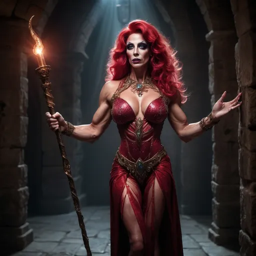 Prompt: A gorgeous muscular 35-year-old French drag queen bodybuilder sorceress from ancient times stands in the dimly lit dungeon of a grand castle, wielding a sacred ruby-encrusted staff. Ethereal wisps of magical energy swirl around her as she chants an incantation, her eyes glowing with an otherworldly light.  The atmosphere is filled with a sense of mystery and enchantment, as shimmering arcane symbols illuminate the air, marking the climax of an intense battle between magic and beast. Luxury  Ruby Necklace(hyper intricate realistic detail)