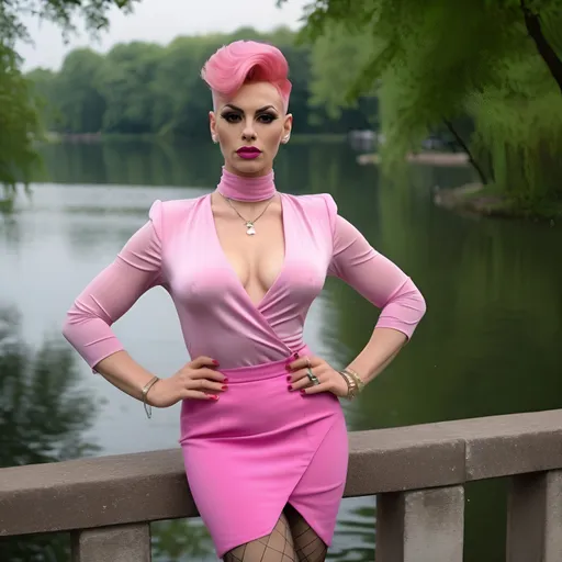 Prompt: Gorgeous ultra-muscular 25-year-old Czechian drag queen  (masculine jawline and brow facial features) with big busom, and short pink pixie haircut, she walks along a lake in a park. Wearing 8 inch stiletto high heel shoes, sheer nylon tights, a knee-length pencil skirt and a matching wrap-around blouse (showing cleavage).