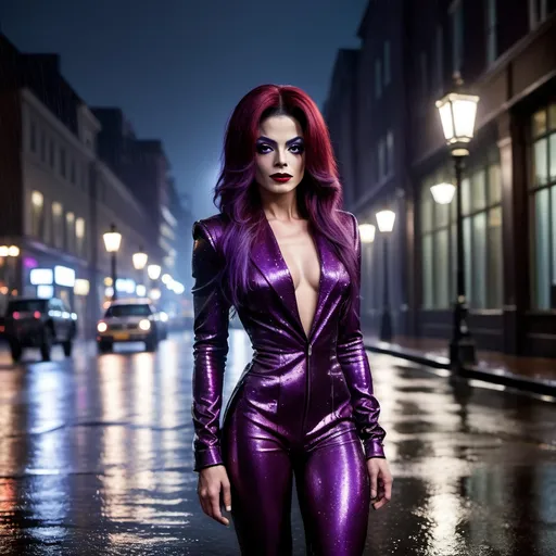 Prompt: Michael Jackson dress as A hyper realistic flawless 25-year-old gorgeous Austrian drag queen bodybuilder with straight violet shiny hair walking the streets as a classy debutante on a dark and rainy night. Heavy eye makeup. Dark red lipstick.