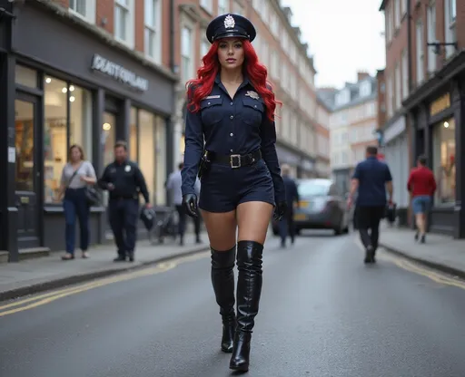 Prompt: Gorgeous muscular 35-year-old drag queen beauty with huge busom dressed as a police officer with 8 inch thigh-high stiletto boots ,walking down the high street, detailed clothing, realistic, natural lighting