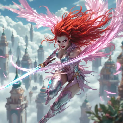 Prompt: A photorealistic image of a Gorgeous ultra-muscular 40-year-old drag queen Sky Elf fighter, a lithe and agile warrior with flowing bright red hair and iridescent pink wings, dark eye makeup and dark lipstick, in mid-battle amidst the floating islands of their sky city. The Sky Elf fighter, clad in sleek, shimmering armor that catches the light, wields dual blades with unmatched speed and precision. Their movements are a blur as they attack with the swiftness of the wind, the blades cutting through the air with ease. The scene captures the dynamic motion of combat, with the fighter executing a swift aerial maneuver, their wings catching a gust of wind that propels them forward. In the background, the floating city with its grand, airy architecture is partially shrouded in mist, giving a sense of otherworldly elevation. Art styles: photorealism, action, fantasy. Lighting: natural daylight, dynamic shadows. Camera: wide-angle action shot. Resolution: 8k, ultra-detailed.
