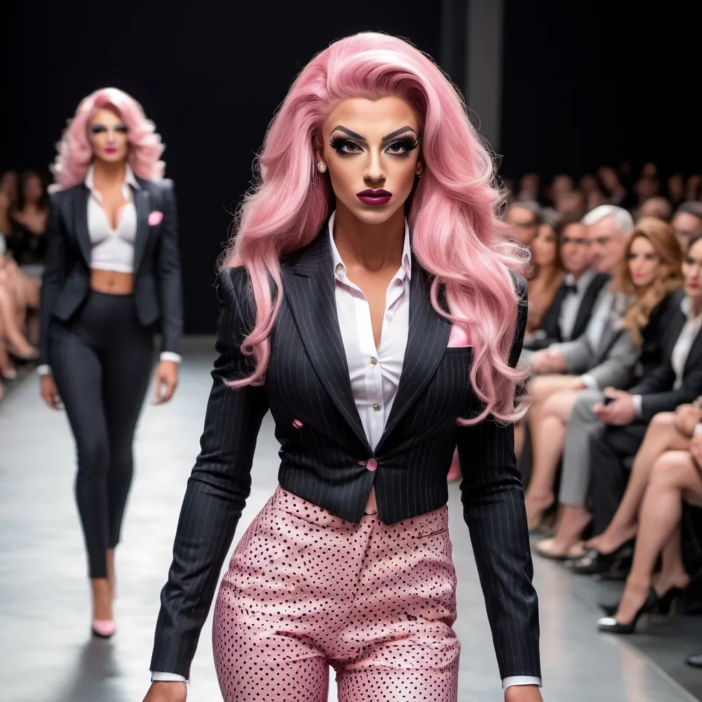 Prompt: Striding confidently down the runway, a Gorgeous, very muscular 21-year-old Italian drag queen bodybuilder (with strong masculine facial features, dark lipstick, large busom, long pink hair) showcases a striking ensemble that marries tailored sophistication with modern flair, wearing a fitted black pinstripe suit jacket over a polka-dotted crop top and matching high-waisted shorts. Her long, sleek legs are accentuated by sheer black stockings, drawing attention to stylish black heels that complete her bold look. The scene is set in a contemporary fashion show environment, illuminated by focused lighting that highlights the garment's details against a minimalist backdrop of soft, muted colors. The overall composition exudes a sense of elegance and empowerment, as the model’s composed expression and poised posture convey confidence and allure, making a powerful statement in the world of high fashion.