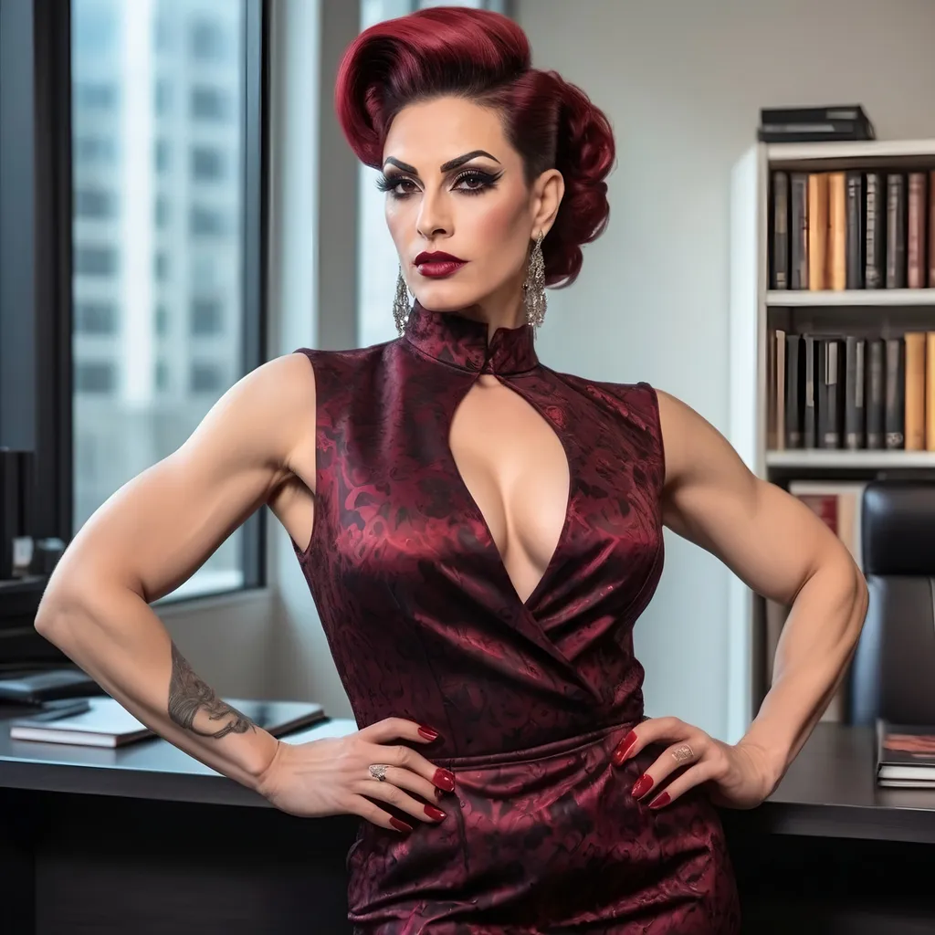 Prompt: A beautiful muscular 35-year-old Turkish drag queen ((masculine jawline and brow features)) with large busom, dark eyeshadow,  heavy mascara,  dark red lipstick,  and long dark red updo hair, wearing a conservative business dress, 8 inch stiletto high heel shoes. She stands in office. Full body.