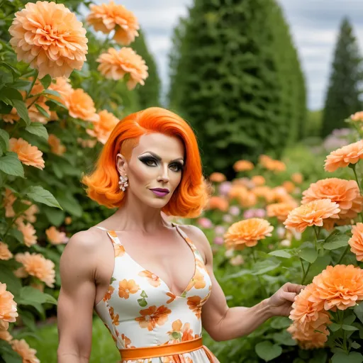 Prompt: Gorgeous 30-year-old Finnish drag queen bodybuilder with short stylish bright orange hair wearing a short, airy dress, in a flower garden. Professional photography, natural lighting, canon lens, shot on dslr 64 megapixels sharp focus