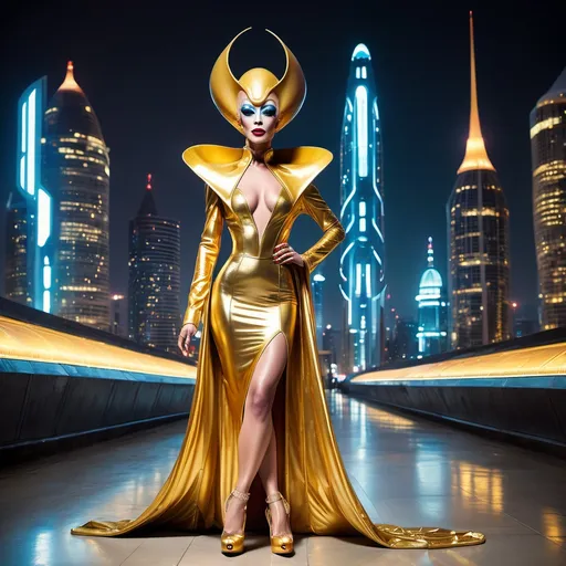 Prompt: Gorgeous alien drag queen wearing golden robes and 8 inch stiletto high heels. Posing with a futuristic city background.