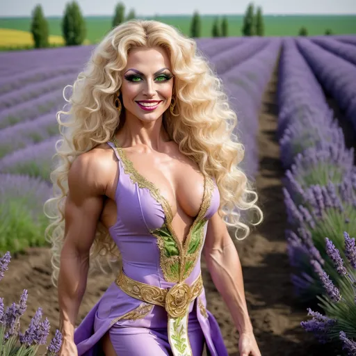 Prompt: Generate gorgeous muscular 35-year-old Ukrainian drag queen bodybuilder with big busom, long blonde curly hair and green eyes, she is dressed in traditional Ukrainian dress and 6 inch stiletto heels, she is running thru the lavanda field, her arms are up to the sun , she is smile and her face is shine with positive mood and talking phone