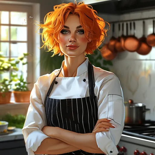 Prompt: The portrait should capture a confident gorgeous muscular 25-year-old Norwegian drag queen chef, standing in a stylish, modern kitchen. She’s wearing a crisp white chef's jacket with neatly rolled sleeves, and an apron tied around her waist. Her face has a warm, friendly expression, with eyes that show both passion and focus. Her short, dark orange hair is well-groomed. She has on dark eyeshadow and dark red lipstick.

In one hand, she’s holding a wooden spoon, stirring a pot on the stove, and in the other, she’s holding a small plate with artfully arranged food. The kitchen behind she is sleek, with stainless steel counters, pots hanging on the walls, and fresh ingredients like herbs and vegetables neatly arranged. The colors are vibrant yet natural, giving a sense of liveliness and freshness, with subtle hints of warm sunlight streaming in through a nearby window.

Overall, the mood is a blend of professional mastery and down-to-earth charm, conveying a chef who loves her craft and connects with her food and environment.