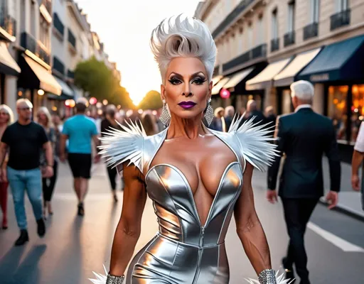 Prompt: A high definition hyper-detail live action digital photograph of A gorgeous ultra-muscular 55-year-old French genderfluid drag queen with short spiky swept over silver hair wearing an amazing ensemble of both men attire and women's attire, and 8 inch stiletto high heel shoes.  Walking down the street at sundown.