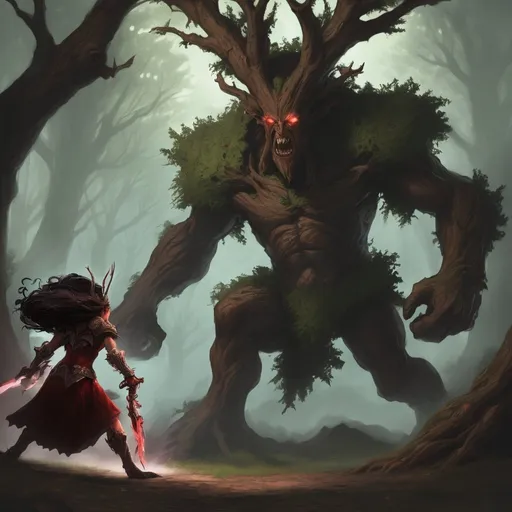 Prompt: Evil demonic treant attacking a brave warrior queen.