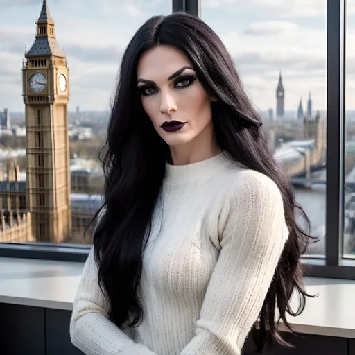 Prompt: Gorgeous muscular 35-year-old French crossdresser with strong masculine jawline,  very long black hair, dark eyeshadow, and dark lipstick, in the CAD office wearing a white chenille knitted sweater, next to the window with London city and Big Ben view