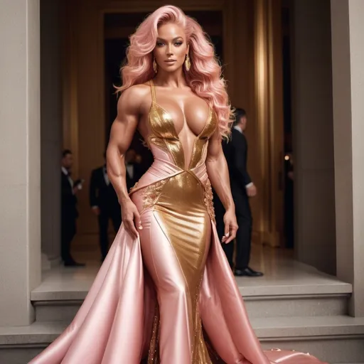 Prompt: Glamour photography of Gorgeous ultra-muscular 25-year-old Finnish bodybuilder with a huge busom, and ridiculously long wavy pink hair on the Met Gala steps in New York wearing designer gold and pink gown with long train, intricate details, glitter and jewels, posed 3/4 turn standing, smile, in the style of Guy Aroch