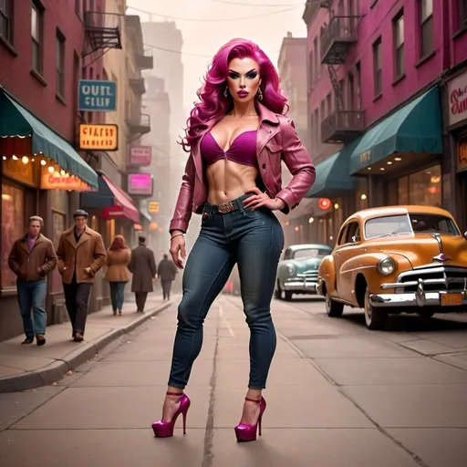 Prompt: Full body 64k hi-res hd digital photograph 
of a gorgeous ultra-muscular 25-year-old Czechian drag queen goddess bodybuilder with ridiculously long flowing magenta colored hair, wearing tan jacket, faded jeans, 8 inch stiletto high heel shoes, vibrant and colorful, high resolution, realistic, retro aesthetic, detailed facial features, 1950s style, urban street setting, warm and nostalgic lighting, professional, character concept art, detailed clothing and expression, vibrant colors, 1960s city ambiance