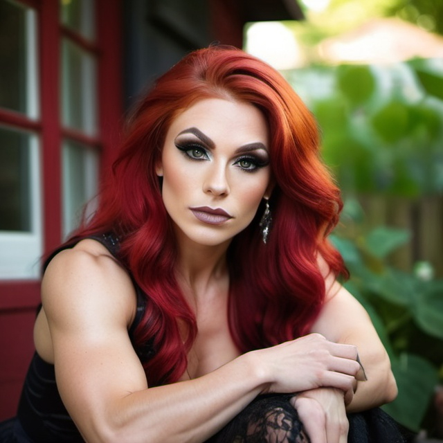 Prompt: Gorgeous ultra-muscular 25-year-old Czechian drag queen bodybuilder witch, deep gray eyes, deep look, very long red hair, light contrast, baroque intricate portrait, young female witch sitting in her garden house.