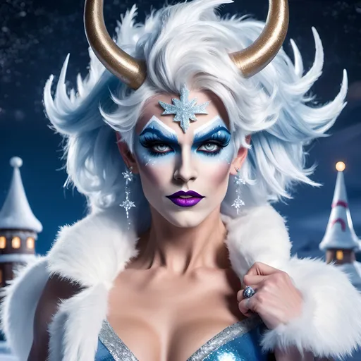 Prompt: Jack Frost dressed up as a gorgeous muscular Norse drag queen. Posing at the north pole at night. 