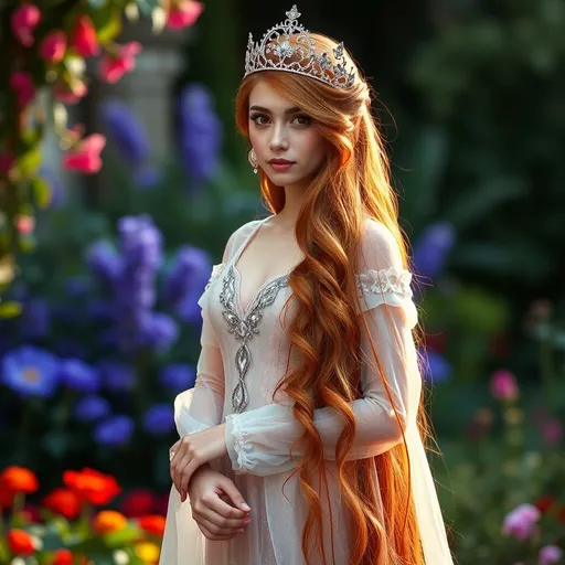 Prompt: a realistic feminine elegant drag queen princess Rapunzel, long dark orange hair, ornate Silver crown , translucent dress, garden background, full length view HD