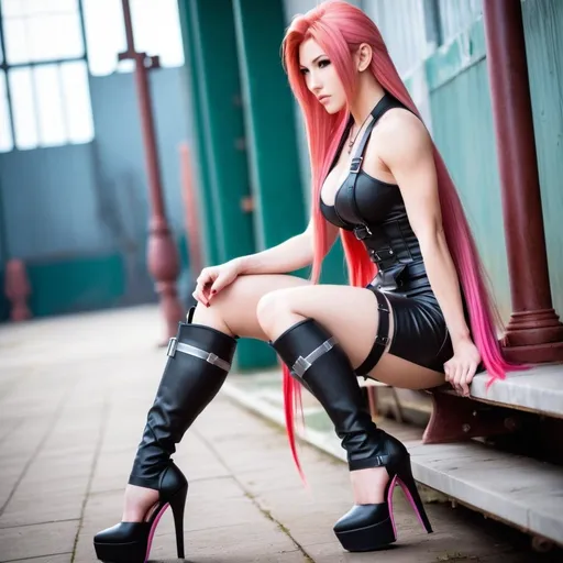 Prompt: Gorgeous ultra-muscular 25-year-old Finnish goddess dressed as Tifa Lockhart (((Final FantasyVII))) with ridiculously long straight shiny pink hair, huge busom, and with 8 inch stiletto high heel shoes 