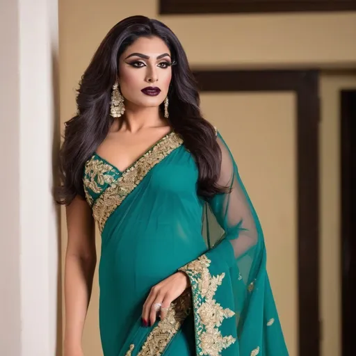 Prompt: Full body hi-res 64k digital photograph of A beautiful muscular 25-year-old Pakistani drag queen (very strong masculine jawline and brow features) wearing an elegant saree, dark eyeshadow and dark lipstick, with a gorgeous look on her face and her lower lips slightly open, exuding passion, ready to bring joy and intimacy to your honeymoon nights as your loving wife. 