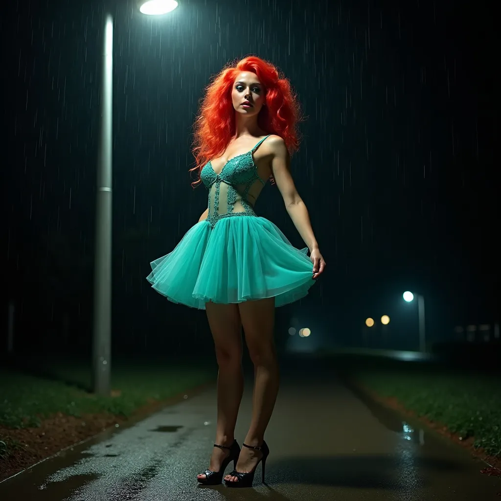 Prompt: dark street, Croatian ultra-muscular dance drag queen with bright red hair wearing very short teal color transparent frock and 8 inch stiletto high heel shoes. that girl show using turned on street lamp. she is stand under the lamp. background is dark. little raining . she is wet. body figures are showing under the dress.